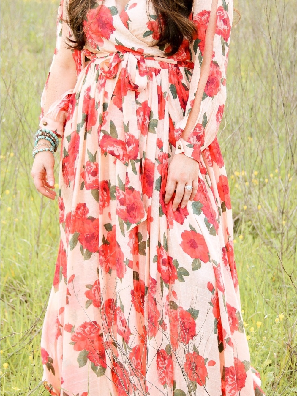 Joyfolie Peach Maxi Wrap Dress with Red Floral Print